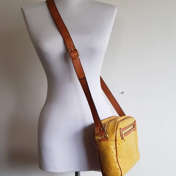 Leather VINTAGE ITALIAN Bag 80s Retro Crossbody Boxy Mustard Yellow Tan Brown - Picture 12 of 16
